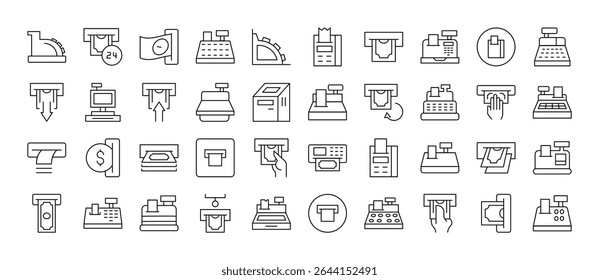 Conjunto de ícones de linha relacionados a dinheiro. Caixa Registradora e Sinais de Estrutura de Tópicos de Recebimento para Design Gráfico e Web, Aplicativos, Anúncios, Vários Cartões 