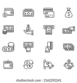 Set of money related vector icons. Vector illustration of icons like money stub, money transfer, ATM and others with editable black outline