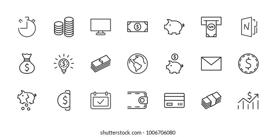 Set of Money Related Vector Line Icons. Contains such Icons as Money Bag, Piggy Bank in the form of a Pig, Wallet, ATM, Bundle of Money, Hand with a Coin and more. Editable Stroke. 32x32 Pixel Perfect