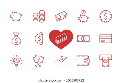 Set of Money Related Vector Line Icons. Contains such Icons as Money Bag, Piggy Bank in the form of a Pig, Wallet, ATM, Bundle of Money, Hand with a Coin and more. Editable Stroke. 32x32 Pixel Perfect