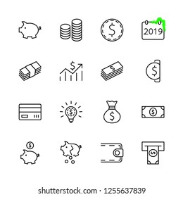 Set of Money Related Vector Line Icons. Contains such Icons as Money Bag, Piggy Bank in the form of a Pig, Wallet, ATM, Bundle of Money, Hand with a Coin and more. Editable Stroke. 32x32 Pixel Perfect