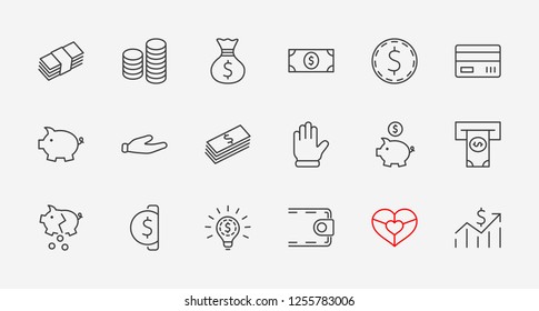 Set of Money Related Vector Line Icons. Contains such Icons as Money Bag, Piggy Bank in the form of a Pig, Wallet, ATM, Bundle of Money, Hand with a Coin and more. Editable Stroke. 32x32 Pixel Perfect