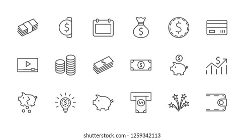 Set of Money Related Vector Line Icons. Contains such Icons as Money Bag, Piggy Bank in the form of a Pig, Wallet, ATM, Bundle of Money, Hand with a Coin and more. Editable Stroke. 32x32 Pixel Perfect