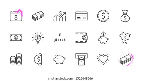 Set of Money Related Vector Line Icons. Contains such Icons as Money Bag, Piggy Bank in the form of a Pig, Wallet, ATM, Bundle of Money, Hand with a Coin and more. Editable Stroke. 32x32 Pixel Perfect
