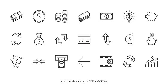 Set of Money Related Vector Line Icons. Contains such Icons as Money Bag, Piggy Bank in the form of a Pig, Wallet, ATM, Bundle of Money, Hand with a Coin and more. Editable Stroke. 32x32 Pixel Perfect