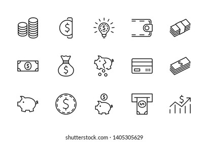 Set of Money Related Vector Line Free Icons. Contains such Icons as Money Bag, Piggy Bank in the form of a Pig, Wallet, ATM, Bundle of Money, Hand with a Coin and more. Editable Stroke. 32x32 Pixel