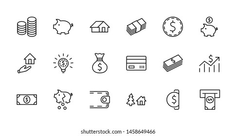 Set of Money Related Vector Line Icons. Contains such Icons as Money Bag, Piggy Bank in the form of a Pig, Wallet, ATM, Bundle of Money, Hand with a Coin and more. Editable Stroke. 32x32 Pixel Perfect