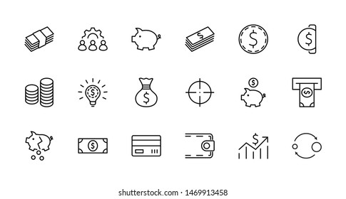 Set of Money Related Vector Line Icons. Contains such Icons as Money Bag, Piggy Bank in the form of a Pig, Wallet, ATM, Bundle of Money, Hand with a Coin and more. Editable Stroke. 32x32 Pixel Perfect