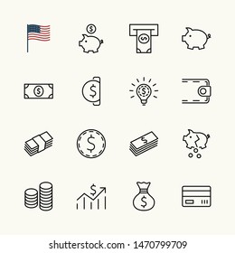 Set of Money Related Vector Line Icons. Contains such Icons as Money Bag, Piggy Bank in the form of a Pig, Wallet, ATM, Bundle of Money, Hand with a Coin and more. Editable Stroke. 32x32 Pixel Perfect