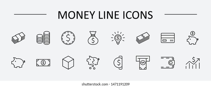 Set of Money Related Vector Line Icons. Contains such Icons as Money Bag, Piggy Bank in the form of a Pig, Wallet, ATM, Bundle of Money, Hand with a Coin and more. Editable Stroke. 32x32 Pixel Perfect