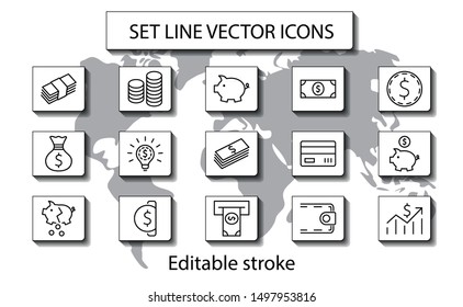Set of Money Related Vector Line Icons. Contains such Icons as Money Bag, Piggy Bank in the form of a Pig, Wallet, ATM, Bundle of Money, Hand with a Coin and more. Editable Stroke. 32x32 Pixel Perfect