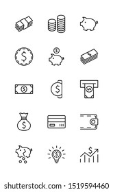 Set of Money Related Vector Line Icons. Contains such Icons as Money Bag, Piggy Bank in the form of a Pig, Wallet, ATM, Bundle of Money, Hand with a Coin and more. Editable Stroke. 32x32 Pixel Perfect
