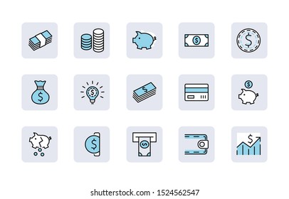 Set of Money Related Vector Line Icons. Contains such Icons as Money Bag, Piggy Bank in the form of a Pig, Wallet, ATM, Bundle of Money, Hand with a Coin and more. Editable Stroke. 32x32 Pixel Perfect