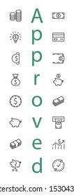 Set of Money Related Vector Line Icons. Contains such Icons as Money Bag, Piggy Bank in the form of a Pig, Wallet, ATM, Bundle of Money, Hand with a Coin and more. Editable Stroke. 32x32 Pixel Perfect