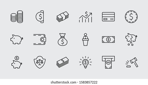 Set of Money Related Vector Line Icons. Contains such Icons as Money Bag, Piggy Bank in the form of a Pig, Wallet, ATM, Bundle of Money, Hand with a Coin and more. Editable Stroke. 32x32 Pixel Perfect