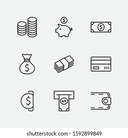 Set of Money Related Vector Line Icons. Contains such Icons as Money Bag, Piggy Bank in the form of a Pig, Wallet, ATM, Bundle of Money, Hand with a Coin and more. Editable Stroke. 32x32 Pixel Perfect