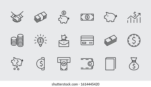 Set mit Geld verwandte Vektorillustration Line-Symbole. Enthält solche Symbole wie Geldbeutel, Piggy Bank in Form von Schweinefleisch, Geldbörse, Geldbeutel, Hand mit Münze und mehr. Bearbeitbarer Stroke. 32 x 32 Pixel perfekt