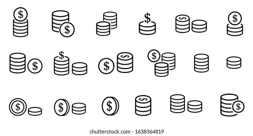 Set of Money Related Vector Line Icons. Contains such Icons as Money Bag, Piggy Bank in the form of a Pig, Wallet, ATM, Bundle of Money, Hand with a Coin and more. Editable Stroke