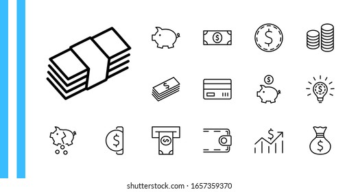 Set of Money Related Vector Line Icons. Contains such Icons as Money Bag, Piggy Bank in the form of a Pig, Wallet, ATM, Bundle of Money, Hand with a Coin and more. Editable Stroke. 32x32 Pixels.