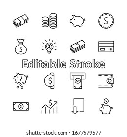 Set of Money Related Vector Line Icons. Contains such Icons as Money Bag, Piggy Bank in the form of a Pig, Wallet, ATM, Bundle of Money, Hand with a Coin and more. Editable Stroke. 32x32 Pixels.