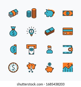 Set of Money Related Vector Line Icons. Contains such Icons as Money Bag, Piggy Bank in the form of a Pig, Wallet, ATM, Bundle of Money, Hand with a Coin and more. Editable Stroke. 32x32 Pixel Perfect