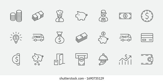 Set of Money Related Vector Line Icons. Contains such Icons as Money Bag, Piggy Bank in the form of a Pig, Wallet, ATM, Bundle of Money, Hand with a Coin and more. Editable Stroke. 32x32 Pixels.