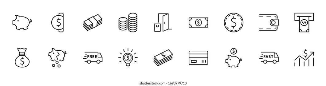 Juego de iconos de línea de vectores relacionados con dinero. Contiene íconos como Bolsa de Dinero, Piggy Bank en forma de cerdo, cartera, cajero automático, paquete de dinero, mano con una moneda y más. Trazo editable. 32x32 píxeles.