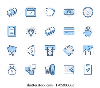 Set of Money Related Vector Line Icons. Contains such Icons as Money Bag, Piggy Bank in the form of a Pig, Wallet, ATM, Bundle of Money, Hand with a Coin and more. Editable Stroke. 32x32 Pixel Perfect