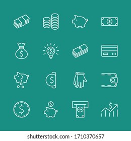 Juego de iconos de línea de vectores relacionados con dinero. Contiene íconos como Bolsa de Dinero, Piggy Bank en forma de cerdo, cartera, cajero automático, paquete de dinero, mano con una moneda y más. Trazo editable. 32x32 píxeles.