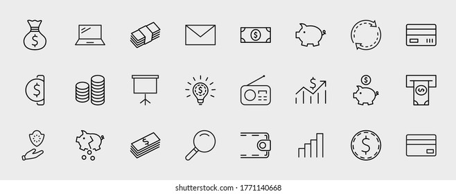 Set of Money Related Vector Line Icons. Contains such Icons as Money Bag, Piggy Bank in the form of a Pig, Wallet, ATM, Bundle of Money, Hand with a Coin and more. Editable Stroke. 32x32 Pixels.