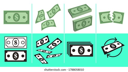 Set of Money Related Vector Line Icons in color and black and white. Flat illustration.