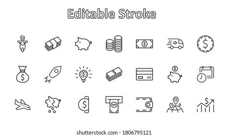 Set of Money Related Vector Line Icons. Contains such Icons as Money Bag, Piggy Bank in the form of a Pig, Wallet, ATM, Bundle of Money, Hand with a Coin and more. Editable Stroke. 32x32 Pixels.