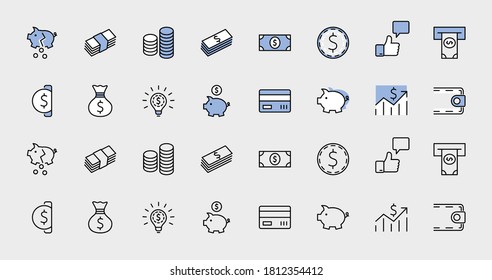Juego de iconos de línea de vectores relacionados con dinero. Contiene íconos como la Bolsa de Dinero, el Banco Piggy en forma de cerdo, cartera, cajero automático, paquete de dinero, mano con una moneda y más. Stroke editable. 32x32 Perfecto para píxeles