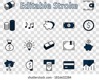 Set of Money Related Vector Line Icons. Contains such Icons as Money Bag, Piggy Bank in the form of a Pig, Wallet, ATM, Bundle of Money, Hand with a Coin and more. Editable Stroke. 32x32 Pixel Perfect