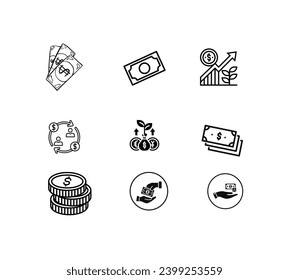 Juego de iconos de línea de vectores relacionados con dinero.