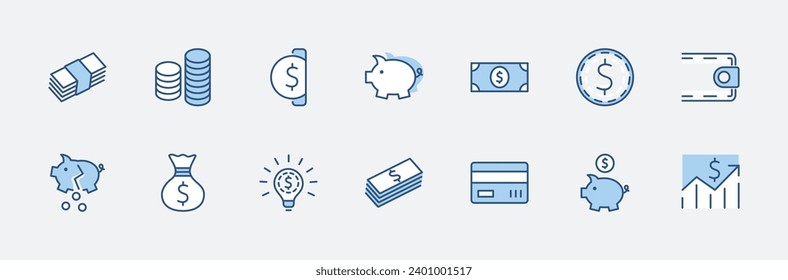 Set of Money Related Vector Line Icons. Contains such Icons as Money Bag, Piggy Bank in the form of a Pig, Wallet, ATM, Bundle of Money, Hand with a Coin and more. Editable Stroke. 32x32 Pixel Perfect