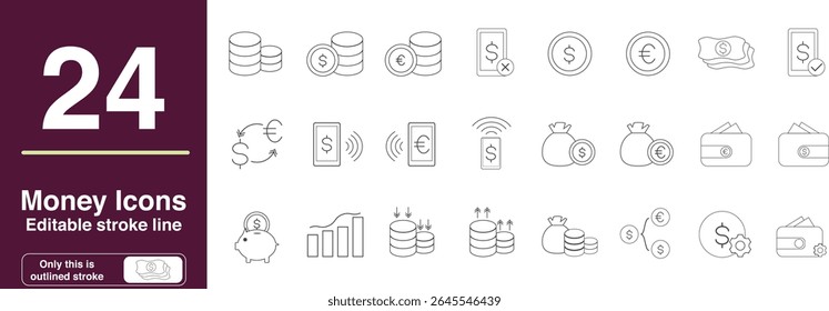 Set of Money Related Vector Line Icons. Contains such Icons as Wallet, stack of coins, Bundle of Money, piggy bank with a Coin, money exchange and more. Editable Stroke