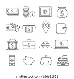 Set of money Related Vector Line Icons. Contains such icon as coins, currency, dollars, ATM, piggy Bank, wallet, credit card, electronic payment, gold bars, cash machine