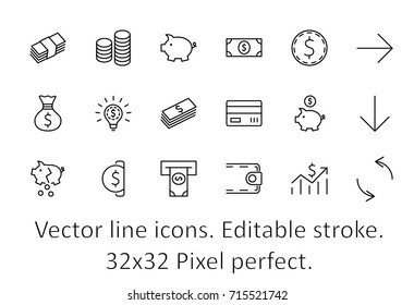 Set of Money Related Vector Line Icons. Contains such Icons as Money Bag, Piggy Bank in the form of a Pig, Wallet, ATM, Bundle of Money, Hand with a Coin and more. Editable Stroke. 32x32 Pixel Perfect