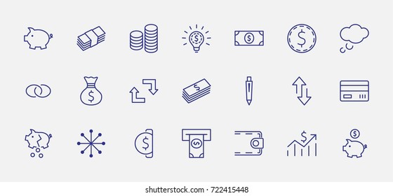 Set of Money Related Vector Line Icons. Contains such Icons as Money Bag, Piggy Bank in the form of a Pig, Wallet, ATM, Bundle of Money, Hand with a Coin and more. Editable Stroke. 32x32 Pixel Perfect