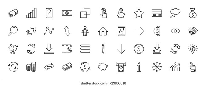 Set mit Geld verwandte Vektorgrafik-Symbole. Enthält solche Symbole wie Geldbeutel, Piggy Bank in Form von Schweinefleisch, Geldbörse, Geldbeutel, Hand mit Münze und mehr. Bearbeitbarer Stroke. 32 x 32 Pixel perfekt