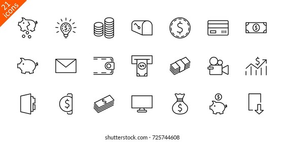 Set of Money Related Vector Line Icons. Contains such Icons as Money Bag, Piggy Bank in the form of a Pig, Wallet, ATM, Bundle of Money, Hand with a Coin and more. Editable Stroke. 
