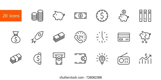 Set of Money Related Vector Line Icons. Contains such Icons as Money Bag, Piggy Bank in the form of a Pig, Wallet, ATM, Bundle of Money, Hand with a Coin and more. Editable Stroke. 32x32 Pixel Perfect