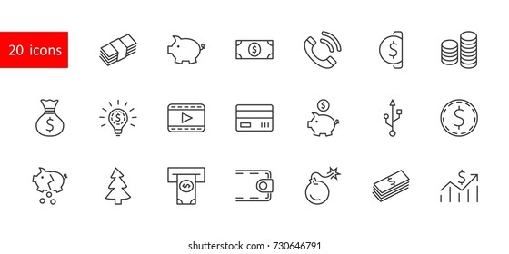 Set of Money Related Vector Line Icons. Contains such Icons as Money Bag, Piggy Bank in the form of a Pig, Wallet, ATM, Bundle of Money, Hand with a Coin and more. Editable Stroke. 32x32 Pixel Perfect
