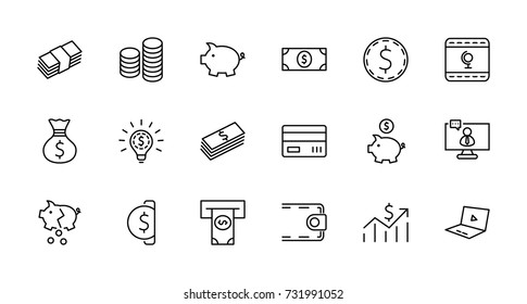 Set of Money Related Vector Line Icons. Contains such Icons as Money Bag, Piggy Bank in the form of a Pig, Wallet, ATM, Bundle of Money, Hand with a Coin and more. Editable Stroke. 32x32 Pixel Perfect