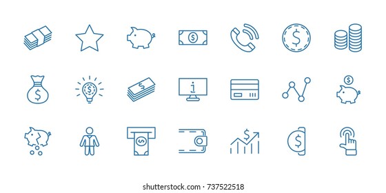 Set of Money Related Vector Line Icons. Contains such Icons as Money Bag, Piggy Bank in the form of a Pig, Wallet, ATM, Bundle of Money, Hand with a Coin and more. Editable Stroke. 32x32 Pixel Perfect
