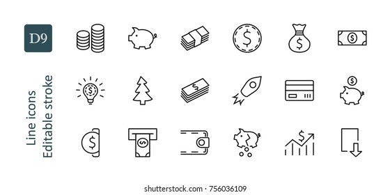 Set of Money Related Vector Line Icons. Contains such Icons as Money Bag, Piggy Bank in the form of a Pig, Wallet, ATM, Bundle of Money, Hand with a Coin and more. Editable Stroke. 32x32 Pixel Perfect