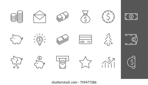 Set of Money Related Vector Line Icons. Contains such Icons as Money Bag, Piggy Bank in the form of a Pig, Wallet, ATM, Bundle of Money, Hand with a Coin and more. Editable Stroke. 32x32 Pixel Perfect