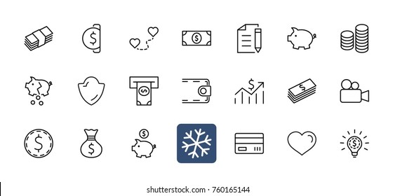 Set of Money Related Vector Line Icons. Contains such Icons as Money Bag, Piggy Bank in the form of a Pig, Wallet, ATM, Bundle of Money, Hand with a Coin and more. Editable Stroke. 32x32 Pixel Perfect