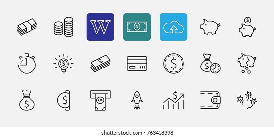 Set of Money Related Vector Line Icons. Contains such Icons as Money Bag, Piggy Bank in the form of a Pig, Wallet, ATM, Bundle of Money, Hand with a Coin and more. Editable Stroke. 32x32 Pixel Perfect